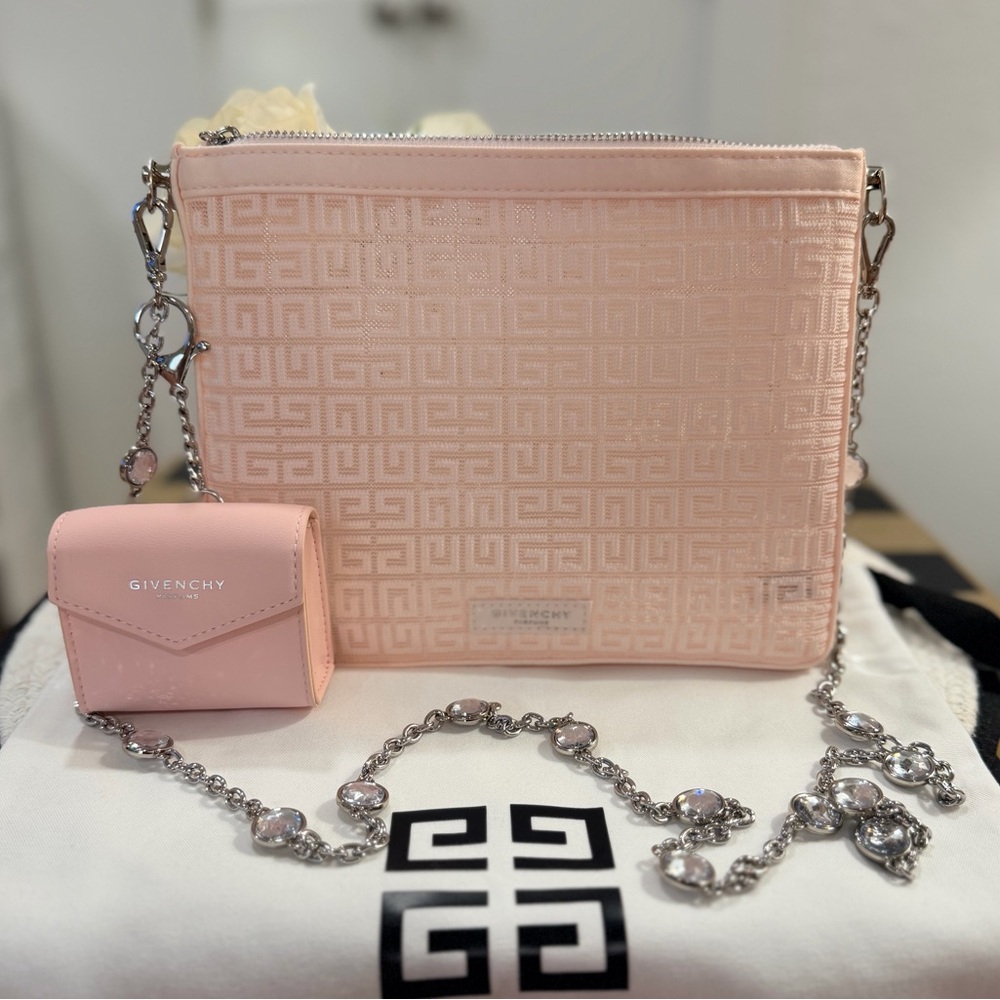 GIVENCHY Beauty NEW Flat Pink Pouch Crossbody + Mini Pouch Keychain & Dust Bag